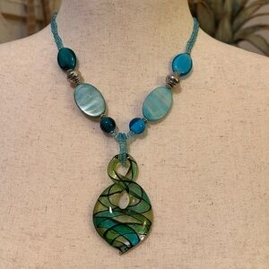 Artisan Green and Turquoise Necklace with Glass Pendant EUC
